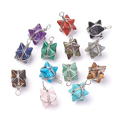 Смешанные камни Природные и синтетические смешанные каменные подвески, с латунной фурнитурой , Звезда Меркабы, платина, 24~27x17x17 мм, отверстие : 3.5~4 мм