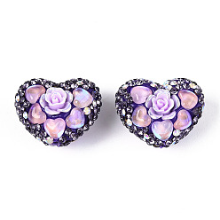 Индиго Полимерная глина в форме сердца, украшенная стразами, с цветком из смолы и стеклом, фокусные бусины для ручек с бусинами изготовление бижутерии брелок, индиговые, 18~20.5x24.5~25.5x15.5~18 мм, отверстие : 1.8 мм