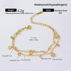 Flower 304 Stainless Steel Pave Clear Cubic Zirconia Charm 2-Strand Bracelets for Women, Golden, Flower, 6.69 inch(17cm)