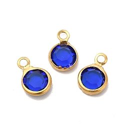 Blue Ion Plating(IP) 304 Stainless Steel with Glass Charms, Real 18K Gold Plated, Faceted Flat Round, Blue, 9.5x6.5x2mm, Hole: 1.5mm
