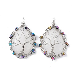 Quartz Crystal Natural Quartz Crystal Big Pendants, Teardrop Charms, with Rack Plating Platinum Plated Copper Wire Tree and Non-magnetic Hematite Star Beads, Cadmium Free & Lead Free, 63~65x39~43x9~11mm, Hole: 6~6.5x4.5~5mm