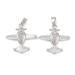 Платина Латунные микропаве прозрачные подвески с фианитом, прелести самолета, платина, 19.5x19x3.5 мм, отверстие : 5x2.5 мм