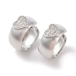 Платина Женские серьги-манжеты из латуни с микропаве и прозрачным цирконием, сердце, платина, 14x6.5 мм