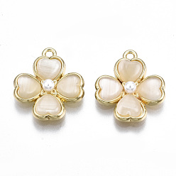 Camellia Rack Plating Alloy Pendants, with ABS Plastic Imitation Pearl and Cat Eye, Cadmium Free & Lead Free, Clover, Light Gold, Camellia, 19.5x17x4.5mm, Hole: 1.5mm