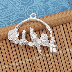 Argent Pendentifs en alliage, demi-rond avec oiseau, argenterie, 26x21mm, 100 pièces / kit