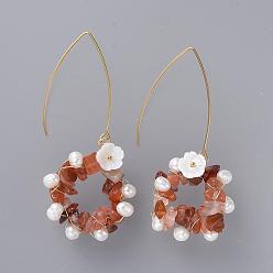 Carnelian Chip Natural Red Agate/Carnelian Dangle Earrings, with Natural Pearl Beads, 
Natural Trochid Shell Beads, Golden Plated 304 Stainless Steel Earring Hooks and Cardboard Packing Box, 75mm, Pin: 0.7mm