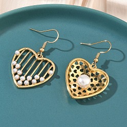 Настоящее золото 18K Серьги-подвески в форме сердца 304 из нержавеющей стали с акриловым искусственным жемчугом, ионное покрытие (ip), долговечный, слева и справа, реальный 18 k позолоченный, 43x25.5 мм