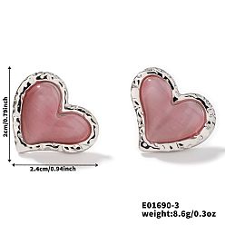 Pink 304 серьги-гвоздики в форме сердца из натурального камня кошачий глаз из нержавеющей стали, модные аксессуары высокого класса, платина, розовые, 20x24 мм