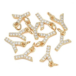 Letter Y Colgantes Shegrace de latón con microengaste de circonitas cúbicas transparentes, sin níquel, real 18 k chapado en oro, amuletos de la letra y, 13x9x2.5 mm, anillo de salto: 5x1 mm, diámetro interior: 3 mm