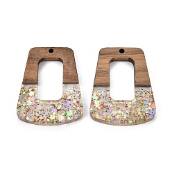 Сэнди Коричневый Подвески из эпоксидной смолы и орехового дерева, с пайеткой / блестками, трапециевидные, песчаный коричневый, 37x27.5x3.5 мм, отверстие : 2 мм