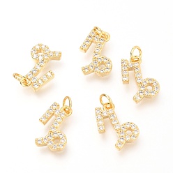 Козерог Латунные микропаве прозрачные кубические циркониевые подвески, с прыжковых колец, реальный 18 k позолоченный, двенадцать созвездий, Козерог, 12.6x9x2 мм, отверстие : 2.6 мм