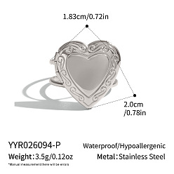 Stainless Steel Color 304 Stainless Steel Open Cuff Rings for Women, Heart, Locket Rings, Stainless Steel Color, 20mm, US Size 8 1/4(18.3mm)