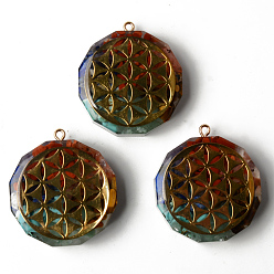 Flower of Life Плоские круглые подвески из эпоксидной смолы, духовные чары, с натуральным аметистом, лазуритом, содалитом, зеленым авантюрином, тигровым глазом, сердоликом и стружкой из красной яшмы внутри, и латунная наклейка, цветок жизни узор, 39.5x35x10.5~11.5 мм, отверстие : 1.8 мм