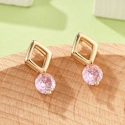 Бледно-Розовый Серьги-гвоздики в форме ромба и плоского круглого кубического циркония из латуни с микропаве для женщин, без кадмия и без свинца, долговечный, стойки покрытие, золотые, розовый жемчуг, 13.5x7 мм
