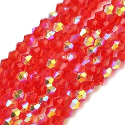 Красный Гальванизируйте прозрачное стекло бисер нитей, двухконусные, с покрытием AB цвета, граненые, с половиным покрытием, красные, 4.5x3.5~4 мм, отверстие : 0.8~1 мм, около 82~83 шт / нитка, 12.01''~12.20'' (30.5~31 см).
