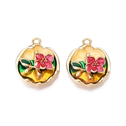 Светло-Вишневый Стойки обшивки сплава эмали подвески, без кадмия, без никеля и без свинца, золотой свет, плоская круглая с подвеской в виде цветка, светло-вишневый, 23.5x19.5x5.5 мм, отверстие : 1.6~2 мм