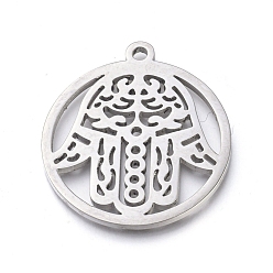 Нержавеющая Сталь Цвет Не тускнеющие 304 подвески из нержавеющей стали, ручная полировка, плоский круглый с hamsa рука / рука fatima / рука miriam, цвет нержавеющей стали, 28.5x25.5x1.2 мм, отверстие : 1.8 мм