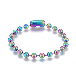 Rainbow Color 304 Stainless Steel Ball Chain Bracelets, Tag Chain, Rainbow Color, 7-5/8 inch(19.5cm)