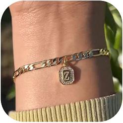 Letter Z 304 браслеты с подвесками из нержавеющей стали и кристаллами горного хрусталя, браслеты-цепочки Фигаро для женщин, прямоугольник с буквой, золотые, Письмо Z, 6-3/4 дюйм (17 см)