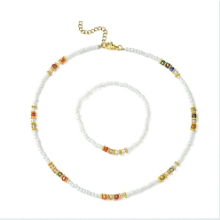 Colorido Collar con cuentas de semillas de vidrio y pulsera elástica, conjunto de joyas para mujer, colorido, 17-3/4 pulgada (45 cm), 2-1/8 pulgada (5.4 cm)