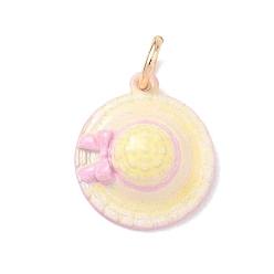 Hat Laiton émail pendentifs, or, breloque chapeau de paille à nœud papillon, 17x15x6mm, Trou: 4mm
