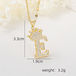 Letter E Хип-хоп латунные микропаве кубические цирконии корона инициал подвеска ожерелья, 304 ожерелья из нержавеющей стали с цепочкой для женщин, золотые, Письмо E, 15.75 дюйм (40 см)