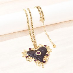 Черный 304 кулон в форме сердца из нержавеющей стали с эмалью, цепочка из пшеницы, ионное покрытие (ip), реальный 18 k позолоченный, чёрные, 18.15 дюйм (46.1 см), Кулон : 53.5x55.5 мм