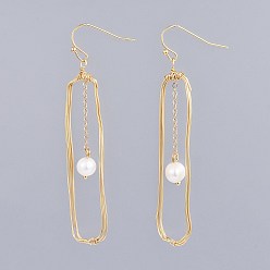 Real 18K Gold Plated Natural Freshwater Pearl Dangle Earrings, with Brass Findings and Copper Wire, Real 18K Gold Plated, 71~72mm, Pin: 0.6mm