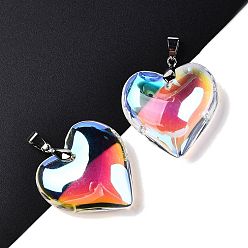 Прозрачный АВ Стеклянные подвески, с платиновой латунных поручительств, сердце, ясно AB, 38.5~39.5x34~34.5x11~11.5 мм, отверстие : 7x4.5 мм