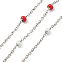 Red 304 Stainless Steel Enamel Link Chains, Soldered, with Spool, Flat Round, Red, 2x1.5x0.5mm