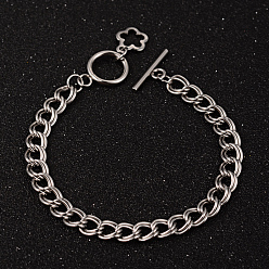 Нержавеющая Сталь Цвет Устойчивые к потускнению цветочные 304 браслеты из нержавеющей стали с двойной цепочкой, с OT застежками, цвет нержавеющей стали, 7-5/8 дюйм (195 мм), 7 мм