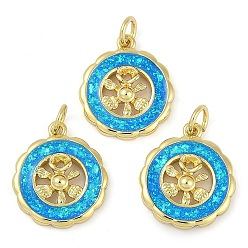 Настоящее золото 18K Стойки обшивки латунные подвески, с синтетическим опалом, долговечный, без свинца и без кадмия, цветок, реальный 18 k позолоченный, 17x15x3 мм, отверстие : 3 мм