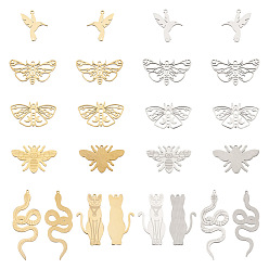 Золотой & Цвет Нержавеющей Стали 24 шт. 6 ионное покрытие (ip) 201 подвески из нержавеющей стали, лазерная резка, колибри и пчела и бабочка и змея и кошка и мотылек, золотые и нержавеющая сталь цвет, 18~64.5x18.5~36x1 мм, отверстие : 1.4~1.6 мм, 2 шт / цвет