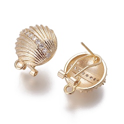 Golden Brass Micro Pave Cubic Zirconia Stud Earring Findings, French Clip Earrings, with Loop, Shell, Clear, Golden, 18.5x15x12mm, Hole: 2mm, Pin: 0.7mm