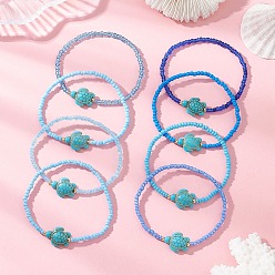 Синий 8 Набор эластичных браслетов из стеклянного бисера и синтетического бирюзового бисера в форме черепахи для женщин, синие, внутренний диаметр: 2.20 дюйм (5.6 см)