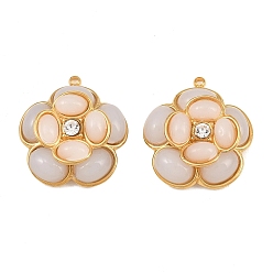 White 304 Stainless Steel Pendants, with Opaque Acrylic & Crystal Rhinestone, Flower Charms, Golden, White, 23x21x8mm, Hole: 1.4mm