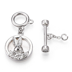Platinum Shell Toggle Clasps, with Brass Crystal Rhinestone Findings, Flat Round with Rabbit, Platinum, 41.5mm, Flat Round: 17x15x3.5mm, O Clasps: 12x12x1mm, T Clasps: 5.5x18x4mm