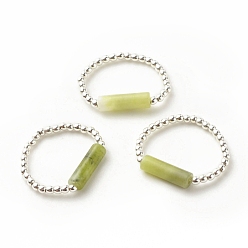 TaiWan Jade Natural Taiwan Jade Column Beaded Finger Ring with Synthetic Hematite, Gemstone Jewelry for Women, Platinum, Inner Diameter: 16~19mm