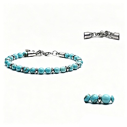 Synthetische Türkis Runde Armbänder aus synthetischen Türkisperlen mit Edelstahlverschlüssen, Edelstahl Farbe, 304 Zoll (9.06 cm)