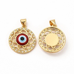 FireBrick Rack Plating Brass Micro Pave Clear Cubic Zirconia Pendants, with Handmade Evil Eye Lampwork, Cadmium Free & Lead Free, Long-Lasting Real 18K Gold Plated, Flat Round with Flower Charm, FireBrick, 21.5x19x4.5mm, Hole: 4.5x3.5mm