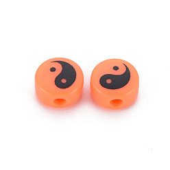 Mixed Color Printed Opaque Acrylic Beads, Flat Round with Yinyang, Mixed Color, 8x4.5mm, Hole: 2mm