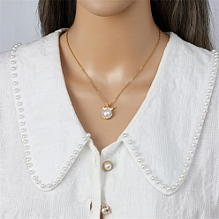 Золотой Латунный микропаве прозрачный кубический цирконий корона круглая ракушка жемчужина кулон nekclaces, 304 из нержавеющей стали цепи ожерелья, золотые, 15.75 дюйм (40 см)