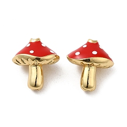 Светло-Вишневый Стойки покрытие латунь эмаль бисер, без кадмия и без свинца, реальный 18 k позолоченный, гриб, светло-вишневый, 12.5x12x9 мм, отверстие : 1.6 мм