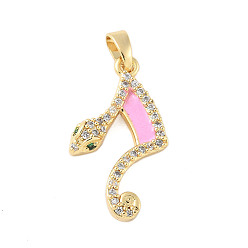 Бледно-Розовый Латунные микропроволочные кубические циркониевые подвески из эмали, змея, реальный 18 k позолоченный, розовый жемчуг, 23.5x13x4.5 мм, отверстие : 2.5x4 мм