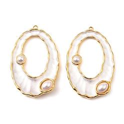 Белый 304 нержавеющей стальной эмали подвески, с ABS имитации жемчуга, овальный шарм, золотые, белые, 46x30x6 мм, отверстие : 1.4 мм