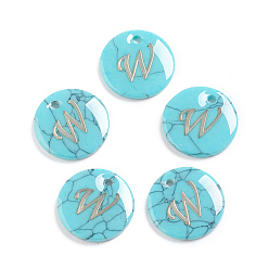 Letter W Synthetic Turquoise Charms, with Plastic Letter, Flat Round, Letter.W, 15x2mm, Hole: 1.5mm