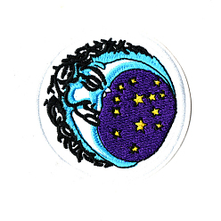 Colorful Computerized Embroidery Cloth Iron on/Sew on Patches, Costume Accessories, Appliques, Flat Round with Moon and Star, Midnight Blue, 75mm