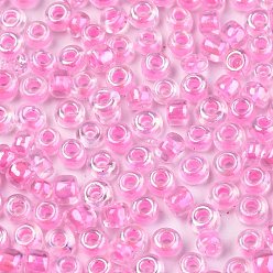 Бледно-Розовый 6/0 стакан бисер, внутри цветов, круглое отверстие, круглые, прозрачные цвета радуги, розовый жемчуг, 6/0, 4~5x2.5~4.5 мм, отверстия: 1.2 мм, около 4500 шт / мешок