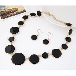 Черный Комплекты из цепочек с плоскими круглыми звеньями и подвесками из сплава эмали для женщин, золотые, чёрные, Ожерелье: 380 mm