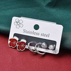 Нержавеющая Сталь Цвет 3 пары 3 стили рождество 304 наборы из сережек-колец и гвоздиков из нержавеющей стали для женщин, с эмалью, кубическим цирконием и стразами, цвет нержавеющей стали, 12.5~14x2~10 мм, 1 пара / стиль